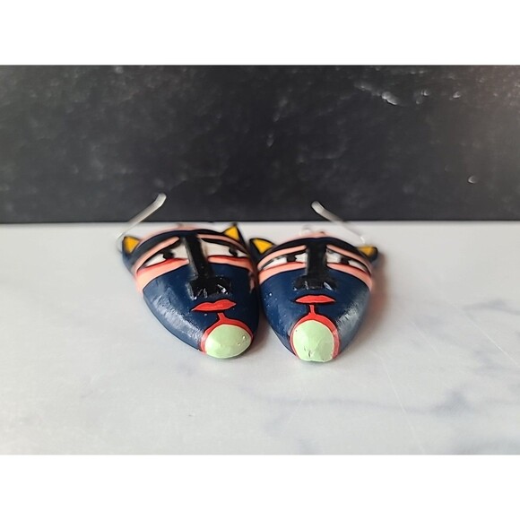 Painted Wooden Dangling Cat Face Earrings Vintage Costume Jewelry New Old Stock - Picture 5 of 10